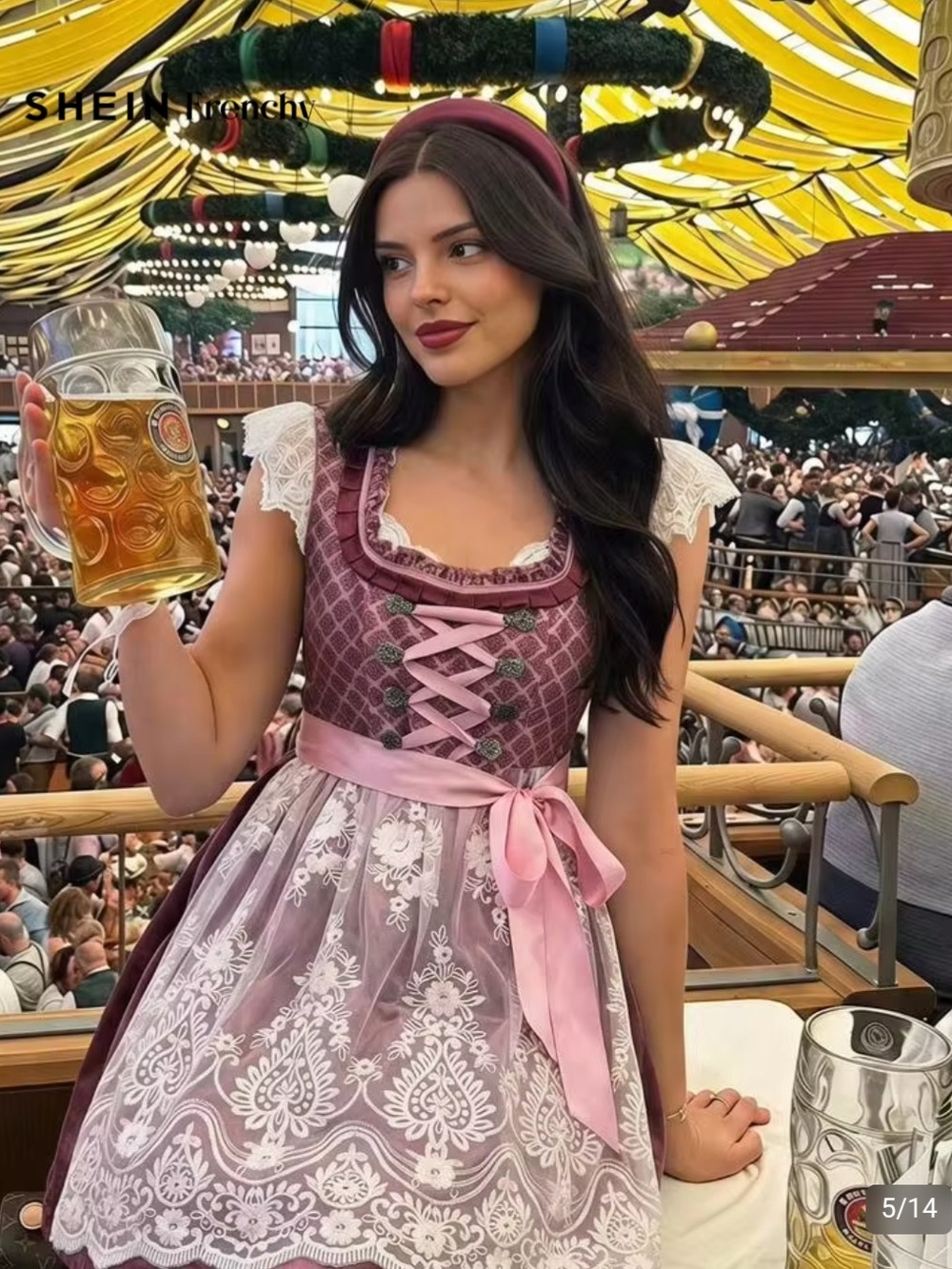 SHEIN Pink Lace Dirndl Dress with Satin Apron Ribbon
